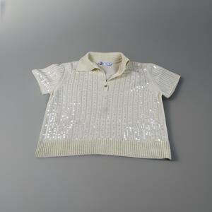 ZARA Light Yellow Knit Sequin Collared Short Sleeve Pullover Sweater Size L